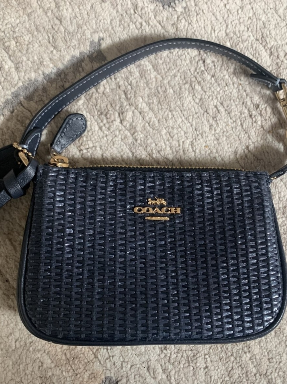 COACH Navy Woven Leather Wristlet